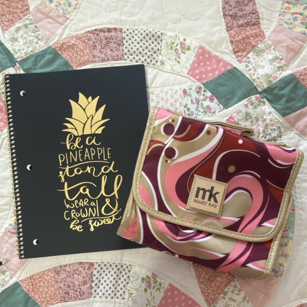 Mary Kay Cosmetic bag, travel roll up bag, pink swirls, gold trendy accents